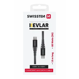 Swissten kevlár adat- és töltőkábel, USB-C/USB-C, 1,5m, 60W, 3A, antracit