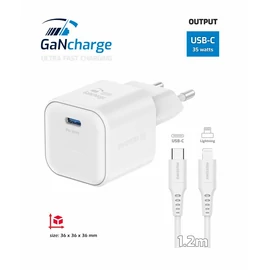 Swissten GaN hálózati töltőadapter 1xUSB-C PD 35W, 1,2m USB-C/lightning kábel, fehér