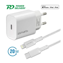 4SMARTS HÁLÓZATI GYORSTÖLTŐ ADAPTER 20W, TYPE-C QC 3.0 + 1.5M LIGHTNING KÁBEL, FEHÉR