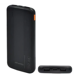 AWEI P20K vésztöltő 2 USB+Type-C aljzat (10000mAh, 2.4A, PD gyorstöltő) FEKETE