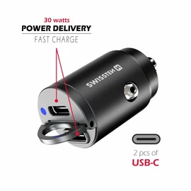 Swissten szivargyújtós autós töltőadapter Power Delivery 2XUSB-C, 30W, fekete