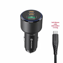 Swissten szivargyújtós töltőadapter 2XUSB-C PD + 1xUSB-A, 95W + USB-C/USB-C kábel 1m