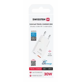 Swissten GaN Slim hálózati töltőadapter, USB-C, USB-A, 30W, fehér