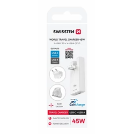 Swissten GaN univerzális világutazó töltőadapter US/EU/UK, USB-C, USB-A, 45W, fehér