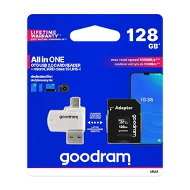 Goodram microSDHC 128GB Class 10 memóriakártya SD adapterrel, Micro USB / USB OTG kártyaolvasóval