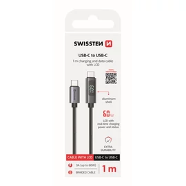 Swissten fonott adat- és töltőkábel LCD kijelzővel, USB-C/USB-C, 1m