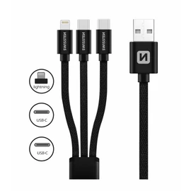 Swissten 3in1 univerzális adat- és töltőkábel textil bevonattal (1xlightning, 2xType-C) 1,2 m, feket
