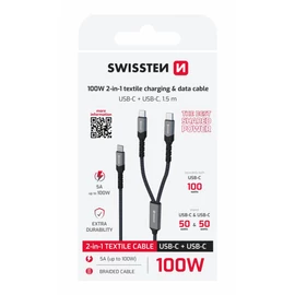Swissten fonott töltőkábel 2in1, 100W, USB-C/2xUSB-C, 1,5m, fekete