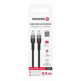 Swissten videó kábel, USB 4.0, USB-C 240W, 8K@60Hz, 40Gb/s, TB3&TB4, 0,5m, fekete