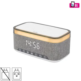 Multimédia lejátszó és ébresztőóra, 2x5 Watt, Qi telefontöltés, Bluetooth TWS, FM rádió, LED kijelző