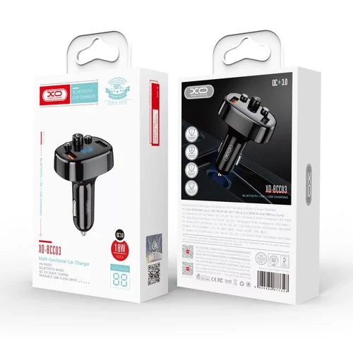 XO BCC03 autós gyorstöltő és Bluetooth FM transzmitter, 2XUSB, 18W, fekete