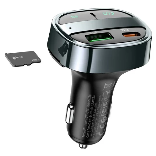 HOCO BLUETOOTH FM-TRANSMITTER/SZIVARGYÚJTÓ TÖLTŐ - 2XUSB + MP3/FLAC + PD30W + QC 3.0 - HOCO E70 - FE