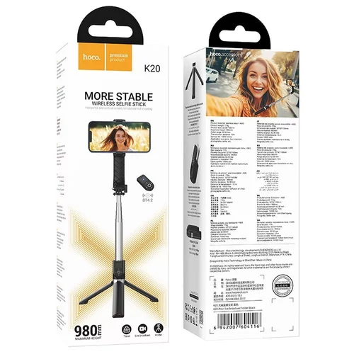 HOCO K20 szelfibot (univerzális, állítható, alumínium tripod állvány, állítható, bluetooth távkioldó