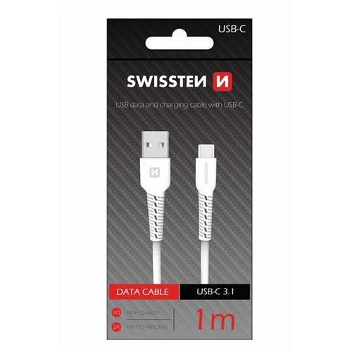 Swissten adat- és töltőkábel gumírozott, USB/Type-C, 1m fehér