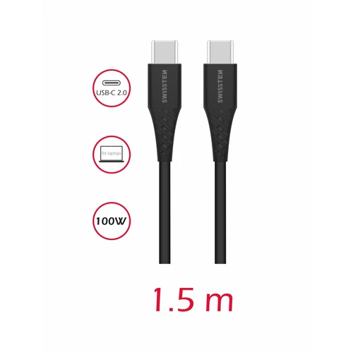 Swissten adat- és töltőkábel, TPE, USB-C/USB-C PowerDelivery 5A (100W), 1,5 m, fekete