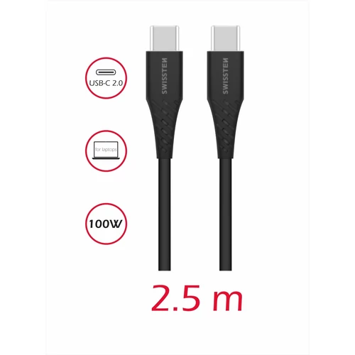 Swissten adat- és töltőkábel, TPE, USB-C/USB-C PowerDelivery 5A (100W), 2,5 m, fekete