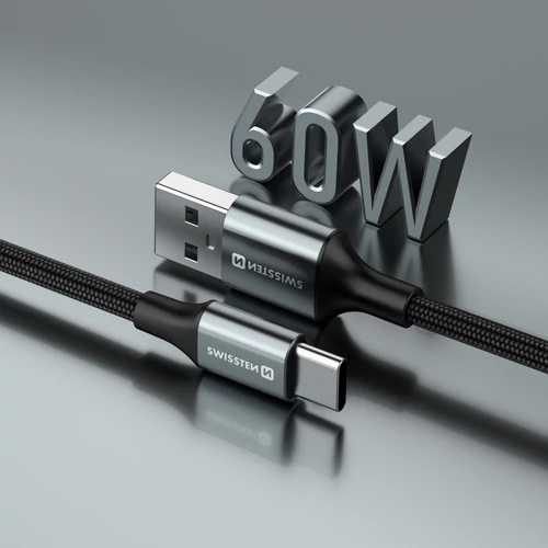 Swissten fonott textil adat- és töltőkábel USB/USB-C, 1,5m, fekete