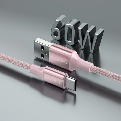 Swissten fonott textil adat- és töltőkábel USB/USB-C, 1,5m, rózsaszín