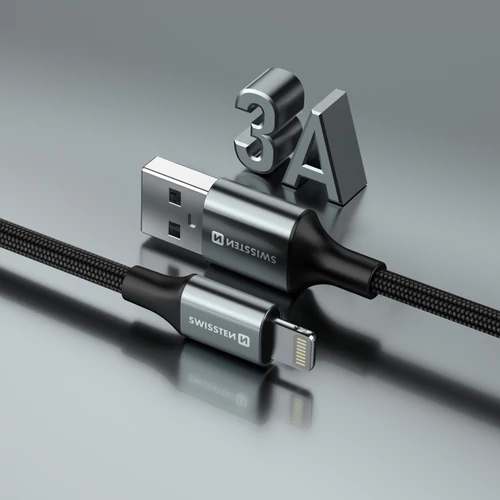 Swissten fonott textil adat- és töltőkábel USB/lightning, 1,5m, fekete