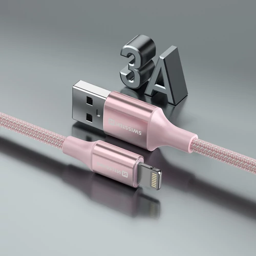 Swissten fonott textil adat- és töltőkábel USB/lightning, 1,5m, rózsaszín