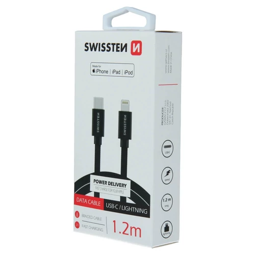 Swissten adatkábel textil bevonattal, USB-C/lightning MFI, 1,2 m fekete