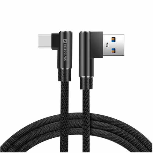 Swissten Arcade gaming adat- és töltőkábel textil bevonattal, USB/USB-C, 1,2 m fekete, L-csatlakozó