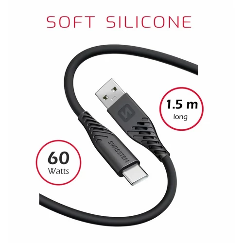 Swissten puha szilikon adat- és töltőkábel, USB/USB-C, 1,5m, 60W, fekete