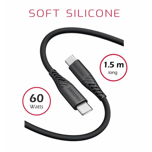 Swissten puha szilikon adat- és töltőkábel, USB-C/USB-C, 1,5m, 60W, fekete