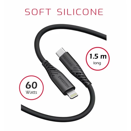 Swissten puha szilikon adat- és töltőkábel, USB-C/lightning, 1,5m, 60W fekete