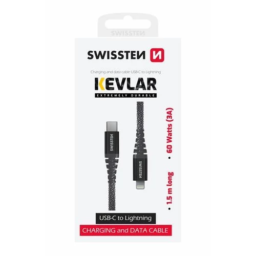 Swissten kevlár adat- és töltőkábel, USB-C/lightning, 1,5m, 60W 3A, antracit