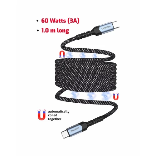 Swissten MagMagic mágneses fonott adat- és töltőkábel, USB-C/USB-C, 1 m, 60W (3A)