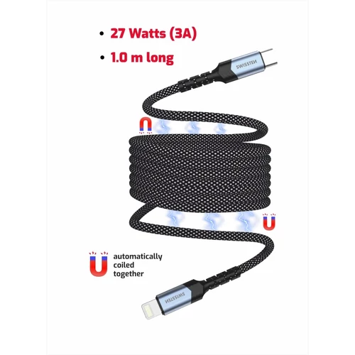 Swissten MagMagic mágneses fonott adat- és töltőkábel, USB-C/lightning, 1 m, 27W (3A