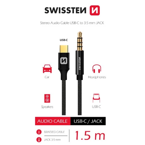 Swissten audio adapter, textil, Type-C - 3,5 mm Jack male, 1,5m, fekete