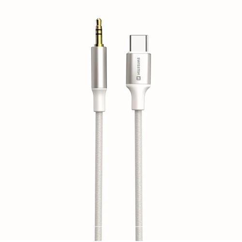 Swissten textil audio adapter, USB-C (male)/3,5mm JACK (male), 1,5m, fehér