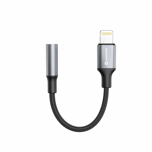 Swissten textil audio adapter, lightning (male)/3,5mm AUX, 0,15m, fekete