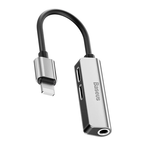 BASEUS audió adapter és töltőkábel (elosztó, 2 lightning+3.5mm jack aljzat - lightning), ezüst
