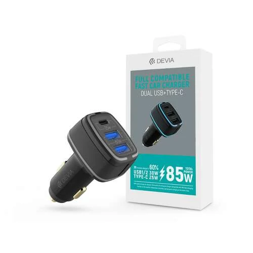 DEVIA SZIVARGYÚJTÓS TÖLTŐ ADAPTER 2XUSB + TYPE-C BEMENETTEL - 85W - DEVIA EXTREME SPEED DUAL USB