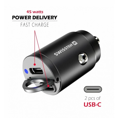 Swissten autós töltő adapter Power Delivery 2XUSB-C, 45W, fekete