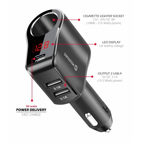 Swissten szivargyújtós autós töltő adapter, 1xCL, 1xUSB-C PD,2xUSB-A, 108W-216W