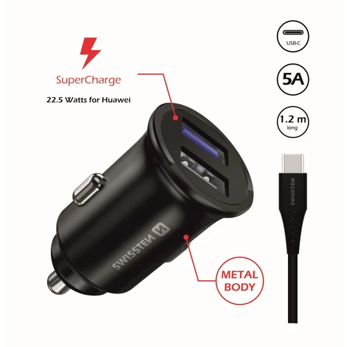 Swissten autós töltő Huawei SuperCharge 22,5W + 1,2 m fekete 5A Huawei SuperCharge kábel