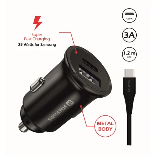 Swissten autós töltő Samsung Super Fast Charging 25W + 1,2 m fekete USB-C/USB-C adatkábel