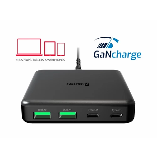 Swissten laptop GaN töltő 2XUSB-C, 2XUSB-A, 65W PD, laptop, tablet, telefon