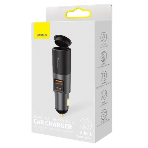 Baseus Share Together Gyors autós töltő szivargyújtó aljzattal, USB + USB-C, 120 W, szürke