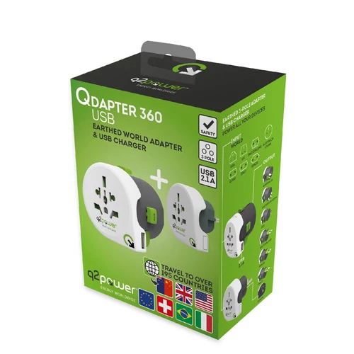 Q2POWER 2.100130 utazóadapter, Qdapter 360 USB, két készülék a szettben (UNIVERZÁLIS)