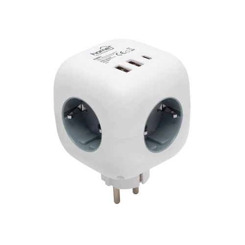 Home CUBE1 kocka elosztó USB töltővel, 3 aljzat gyermekvédelemmel, 1db USB C, 2db USB A, max. 3680 W