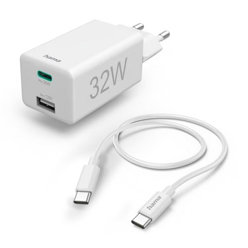 HÁLÓZATI TÖLTŐ, USB+TYPE-C "PD/QC" + TYPE-C KÁBEL, 32W
