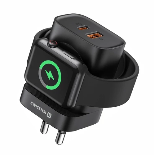 Swissten 2in1 hálózati töltőadapter 1XUSB-A, 1XUSB-C, 1X Apple Watch, 22,5W, fekete