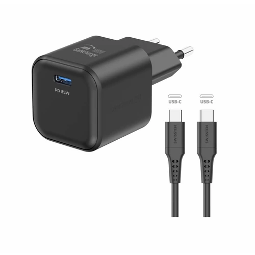 Swissten GaN hálózati töltőadapter 1xUSB-C PD 35W, 1,2m USB-C/USB-C kábel, fekete