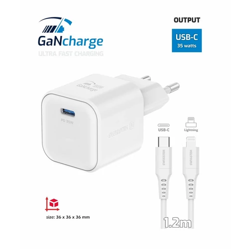 Swissten GaN hálózati töltőadapter 1xUSB-C PD 35W, 1,2m USB-C/lightning kábel, fehér