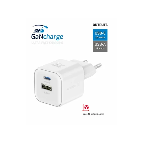 Swissten GaN hálózati töltőadapter 1xUSB-C PD 20W, 1xUSB-A QC 18W, fehér